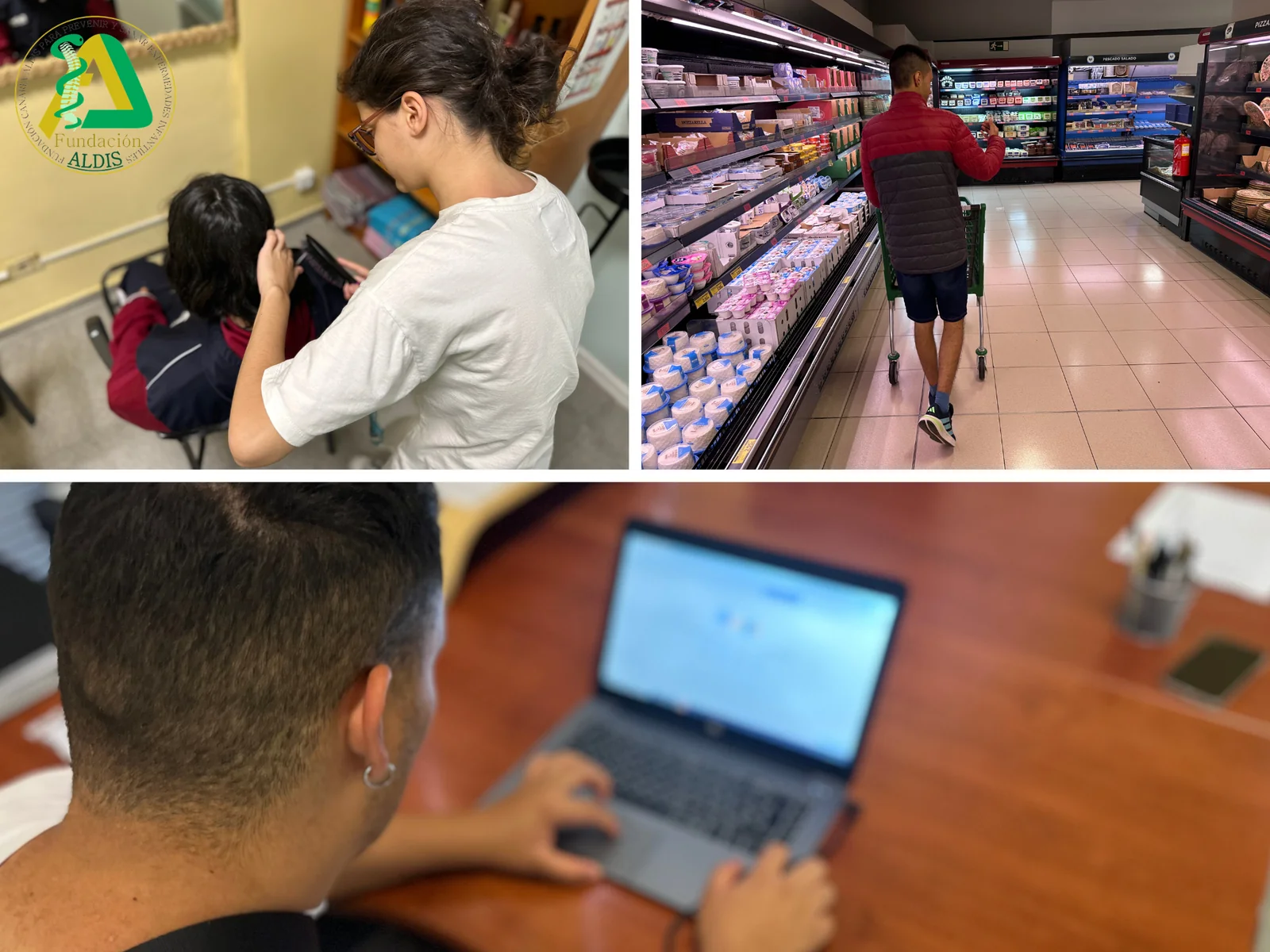Jóvenes de Aldis realizando tareas cotidianas, comprando en el supermercado y usando el ordenador